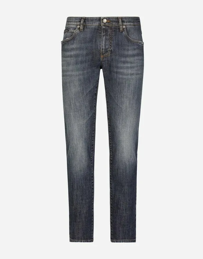 Dolce and Gabbana Denim Men Slim Fit Washed Stretch Jeans With Subtle Abrasions Multicolor