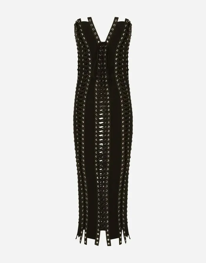 Dolce and Gabbana Dresses Women Charmeuse Calflength Dress With Laces And Eyelets Black