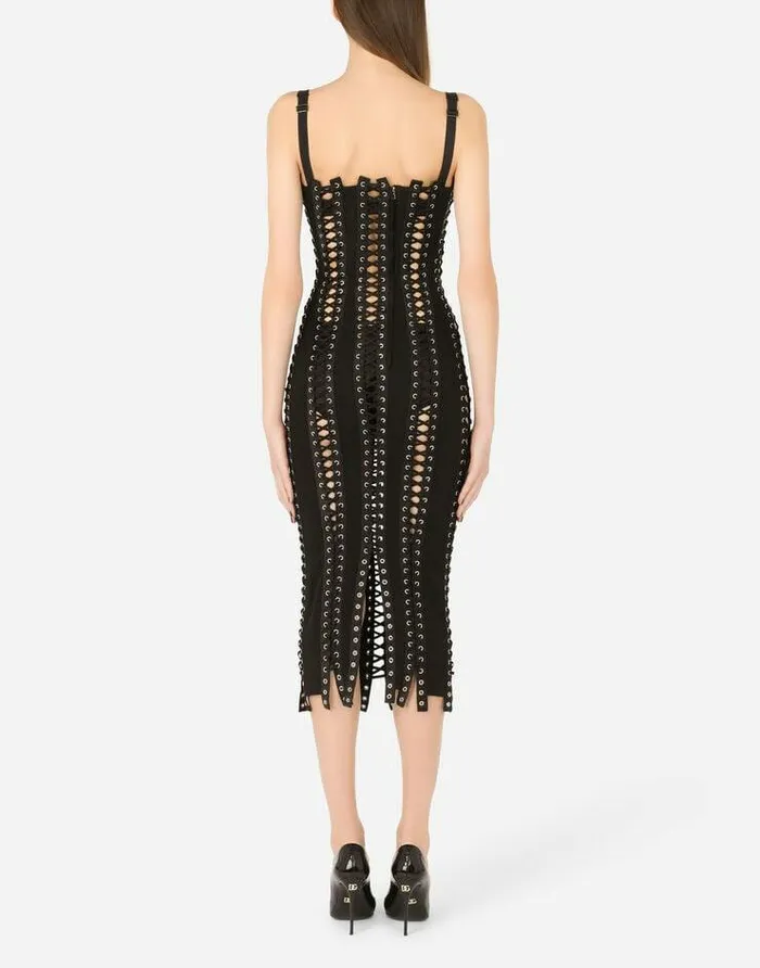 Dolce and Gabbana Dresses Women Charmeuse Calflength Dress With Laces And Eyelets Black Dolce and Gabbana Dresses Women Charmeuse Calflength Dress With Laces And Eyelets Black