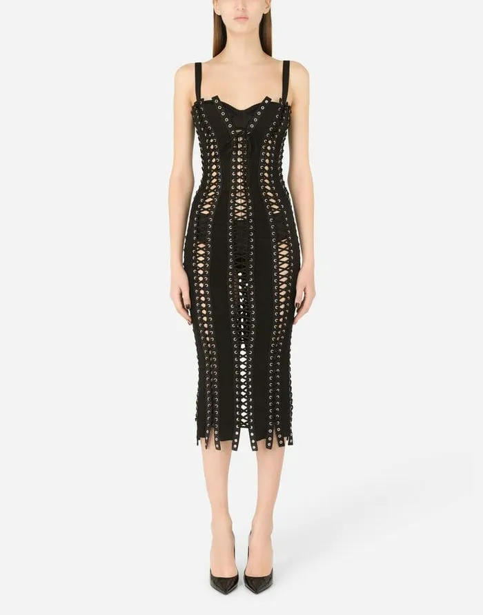Dolce and Gabbana Dresses Women Charmeuse Calflength Dress With Laces And Eyelets Black Dolce and Gabbana Dresses Women Charmeuse Calflength Dress With Laces And Eyelets Black
