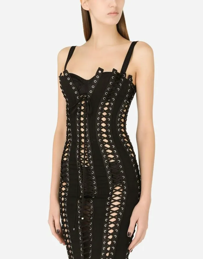 Dolce and Gabbana Dresses Women Charmeuse Calflength Dress With Laces And Eyelets Black Dolce and Gabbana Dresses Women Charmeuse Calflength Dress With Laces And Eyelets Black