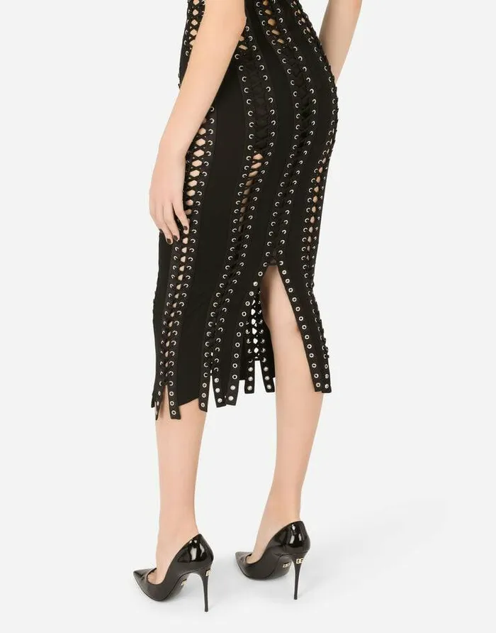Dolce and Gabbana Dresses Women Charmeuse Calflength Dress With Laces And Eyelets Black Dolce and Gabbana Dresses Women Charmeuse Calflength Dress With Laces And Eyelets Black