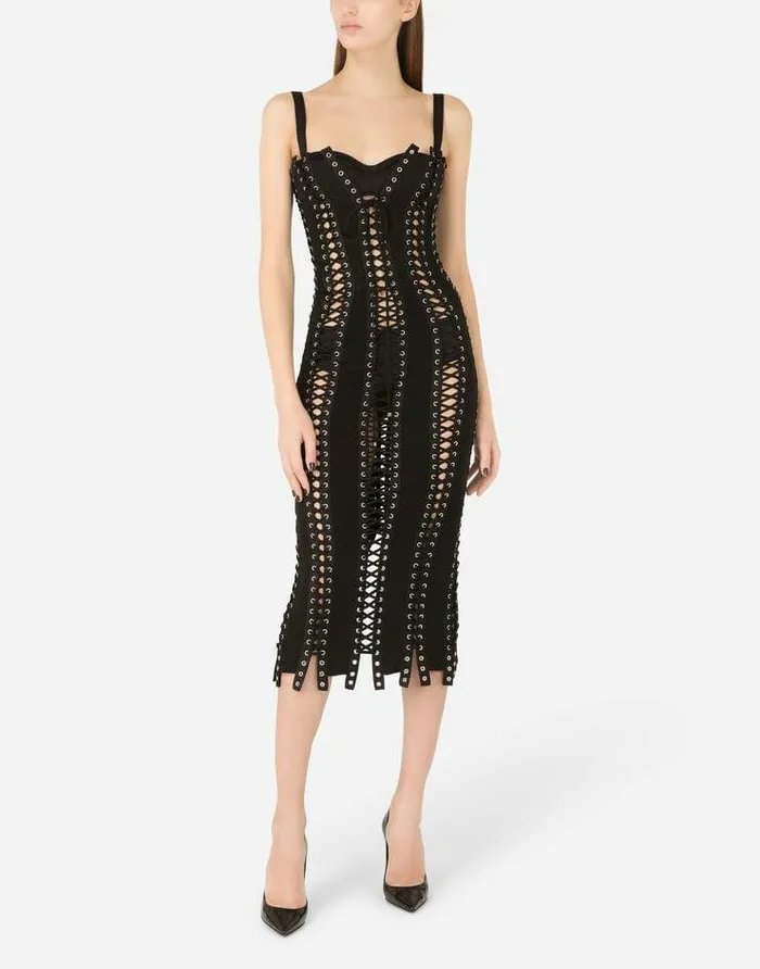 Dolce and Gabbana Dresses Women Charmeuse Calflength Dress With Laces And Eyelets Black Dolce and Gabbana Dresses Women Charmeuse Calflength Dress With Laces And Eyelets Black
