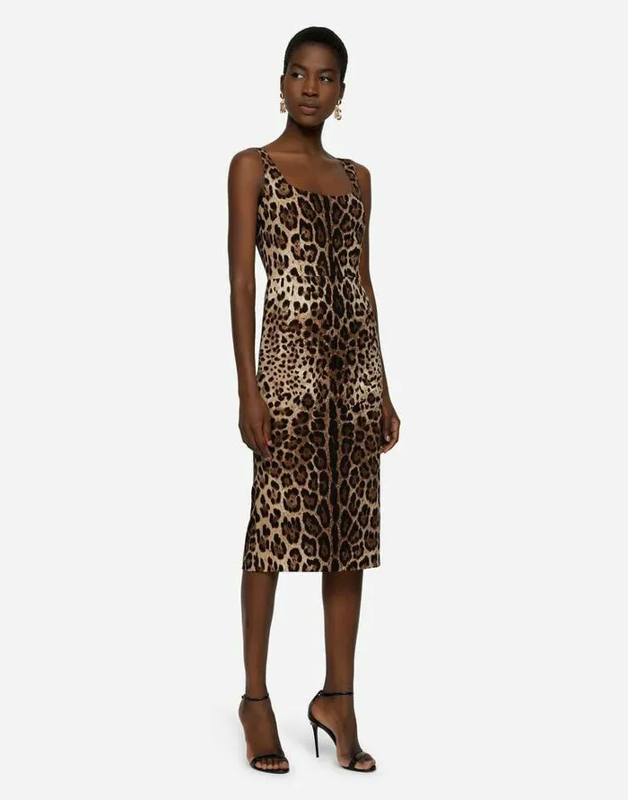 Dolce and Gabbana Dresses Women Charmeuse Calflength Dress With Leopard Print Multicolor