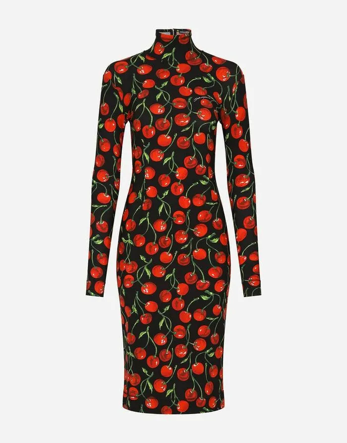 Dolce and Gabbana Dresses Women Longsleeved Jersey Midi Dress With Cherry Print Multicolor