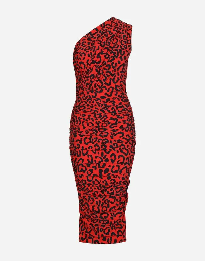 Dolce and Gabbana Dresses Women Oneshoulder Leopardprint Jersey Dress Multicolor