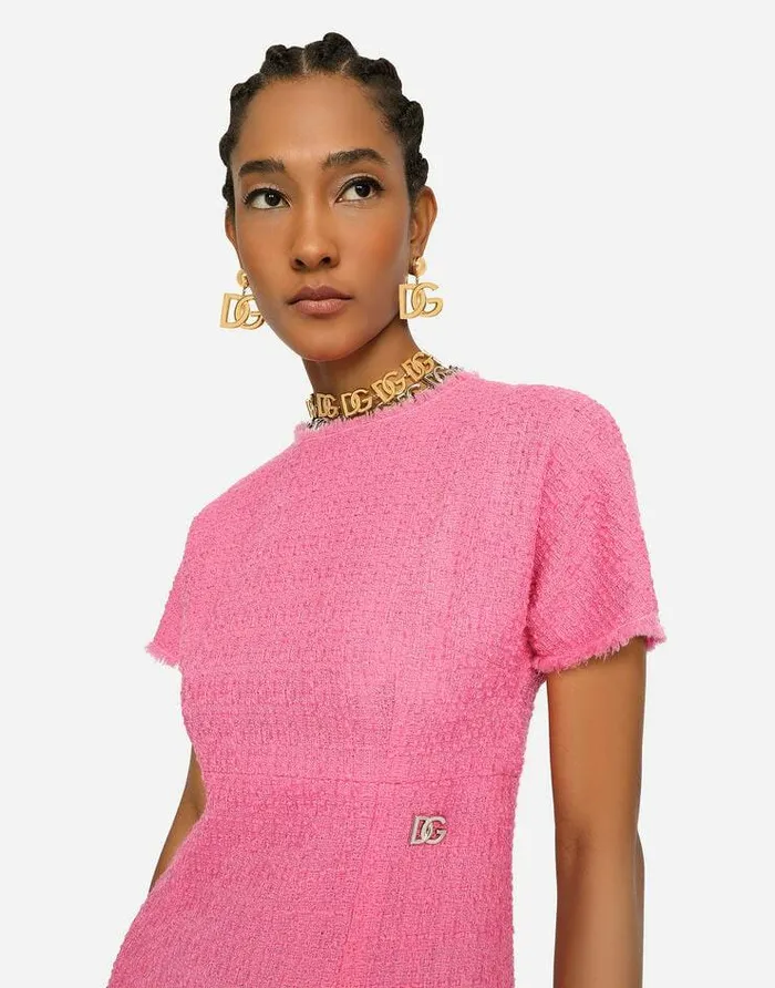 Dolce and Gabbana Dresses Women Raschel Tweed Calflength Dress With DG Logo Pink Dolce and Gabbana Dresses Women Raschel Tweed Calflength Dress With DG Logo Pink