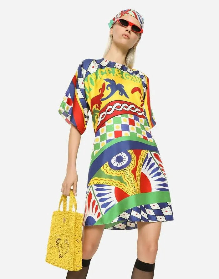 Dolce and Gabbana Dresses Women Short Carrettoprint Twill Dress Multicolor Dolce and Gabbana Dresses Women Short Carrettoprint Twill Dress Multicolor