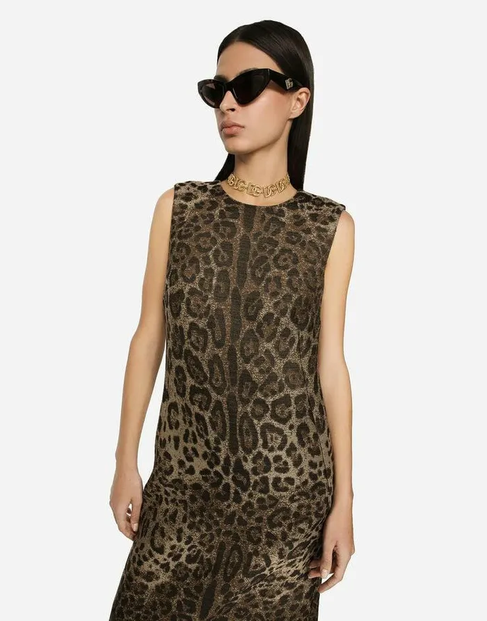 Dolce and Gabbana Dresses Women Wool Midi Dress With Jacquard Leopard Design Multicolor