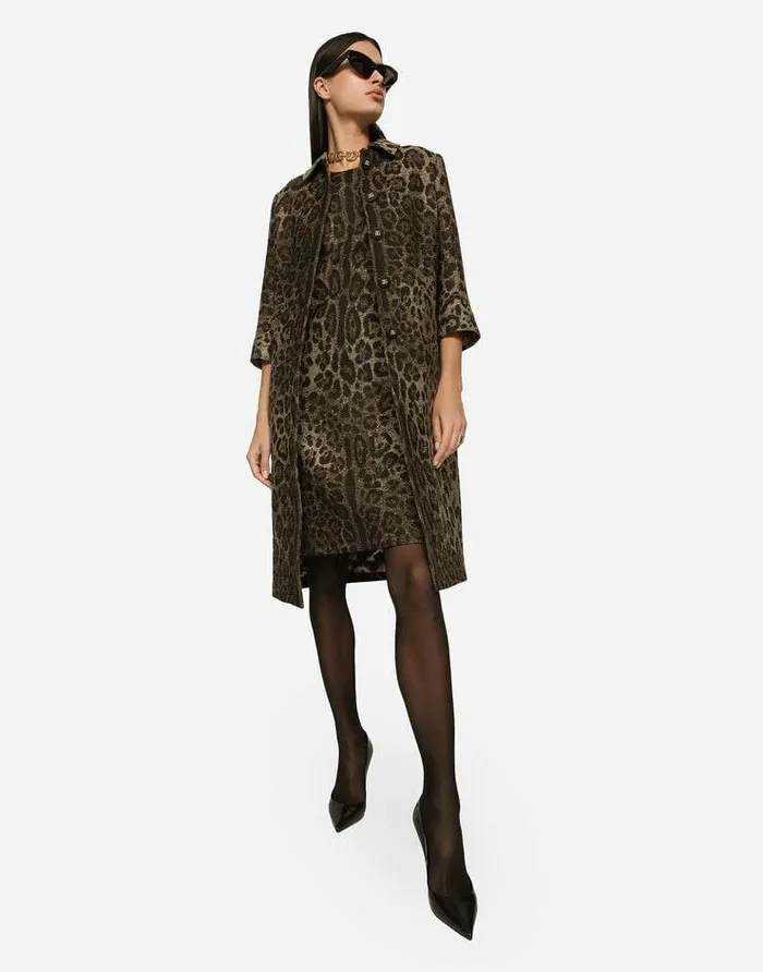 Dolce and Gabbana Dresses Women Wool Midi Dress With Jacquard Leopard Design Multicolor