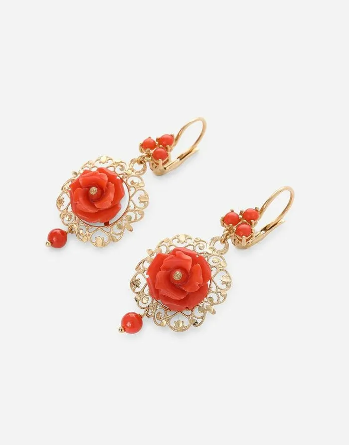 Dolce and Gabbana Earrings Women Coral Leverback Earrings In Yellow 18kt Gold With Coral Roses Gold Dolce and Gabbana Earrings Women Coral Leverback Earrings In Yellow 18kt Gold With Coral Roses Gold