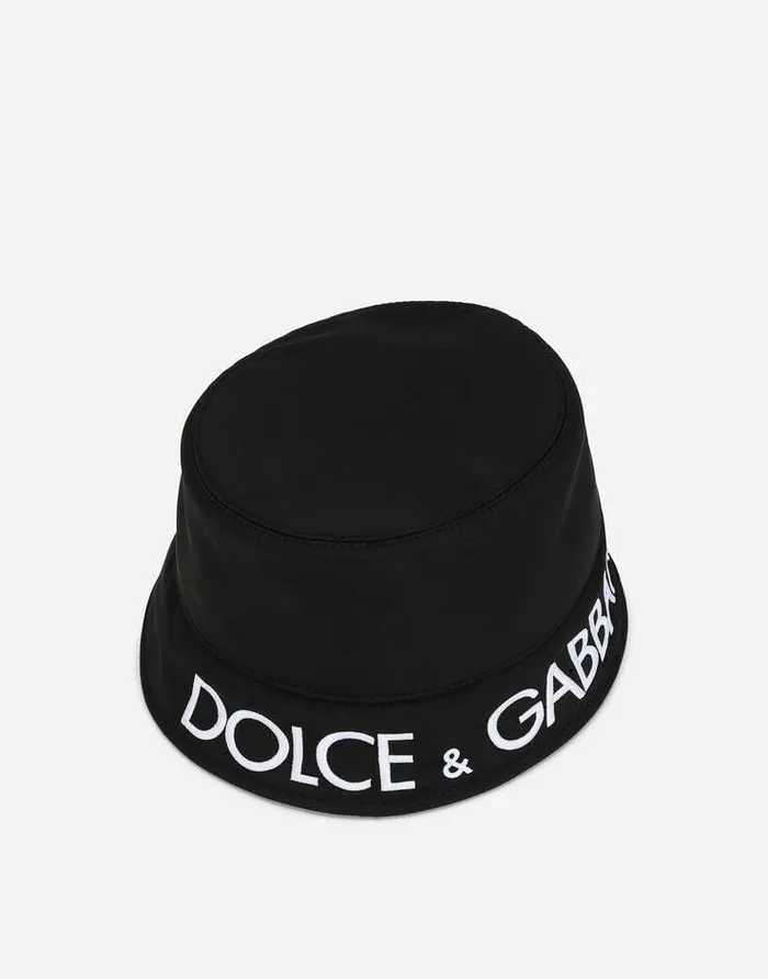 Dolce and Gabbana Hats And Gloves Men Nylon Bucket Hat With DolceandGabbana Embroidery Black