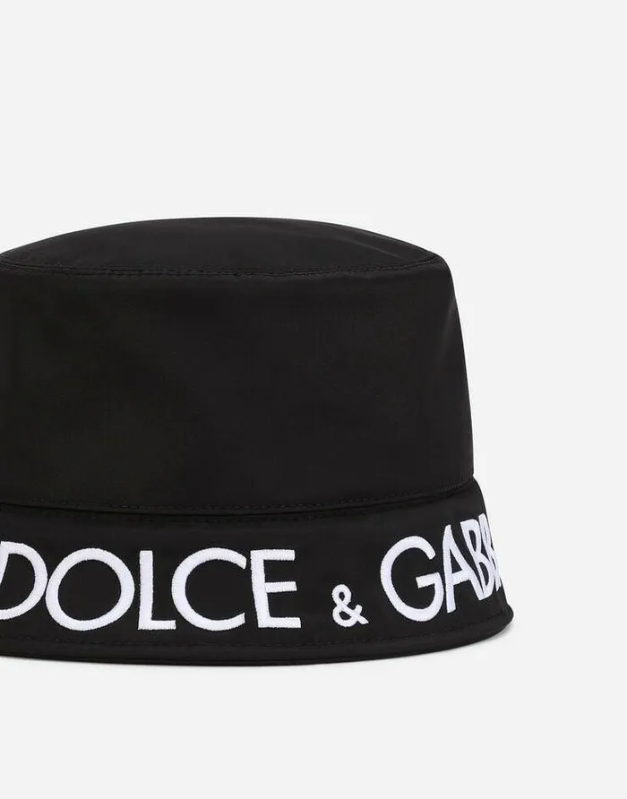 Dolce and Gabbana Hats And Gloves Men Nylon Bucket Hat With DolceandGabbana Embroidery Black