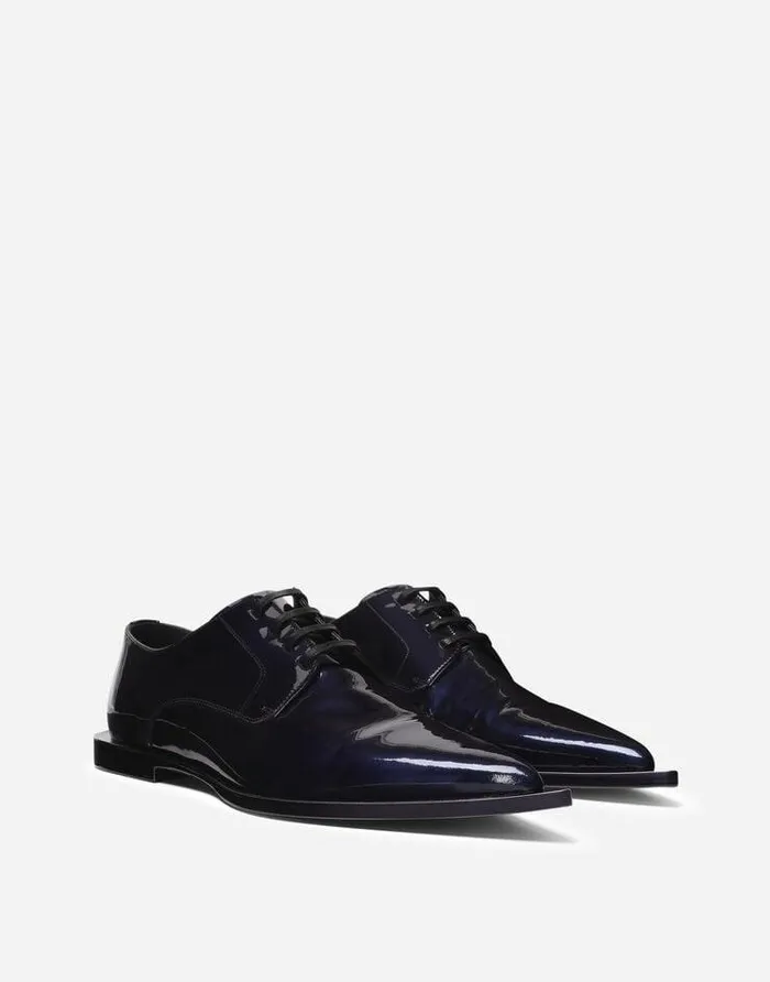 Dolce and Gabbana LaceUps Men Metallic Patent Leather Derby Shoes Blue Dolce and Gabbana LaceUps Men Metallic Patent Leather Derby Shoes Blue
