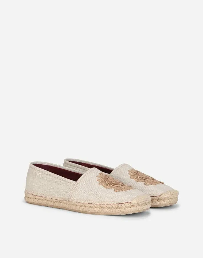 Dolce and Gabbana Loafers And Moccasins Men Canvas Espadrilles With Coat Of Arms Embroidery Beige Dolce and Gabbana Loafers And Moccasins Men Canvas Espadrilles With Coat Of Arms Embroidery Beige