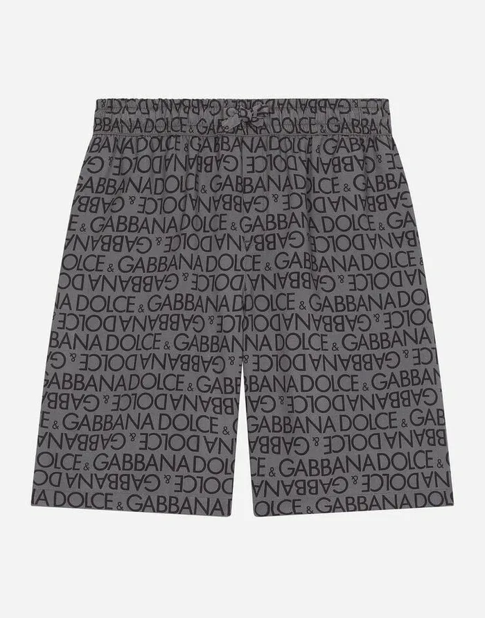 Dolce and Gabbana Mini Me Boy Children Viscose Shorts With Allover Logo Print Grey
