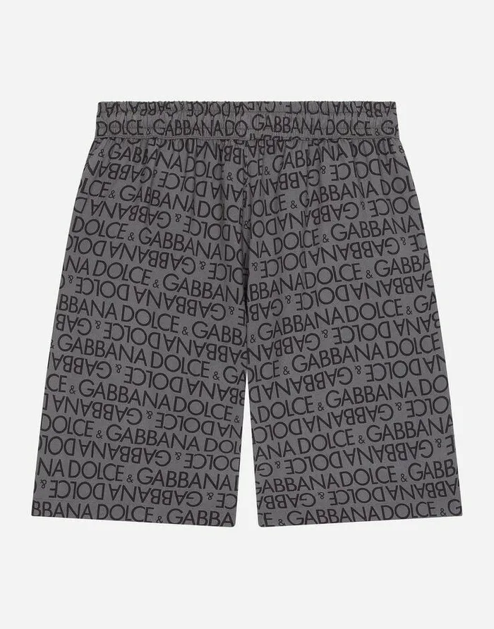 Dolce and Gabbana Mini Me Boy Children Viscose Shorts With Allover Logo Print Grey