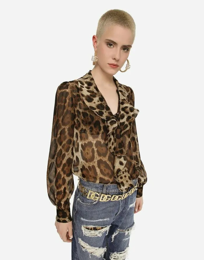 Dolce and Gabbana Shirts And Tops Women Leopardprint Chiffon Shirt With Ruches Animal Print Dolce and Gabbana Shirts And Tops Women Leopardprint Chiffon Shirt With Ruches Animal Print