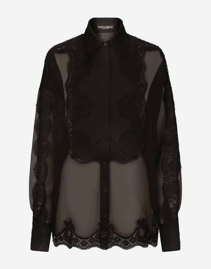 Dolce and Gabbana Shirts And Tops Women Organza Tuxedo Shirt With Lace Inserts Black