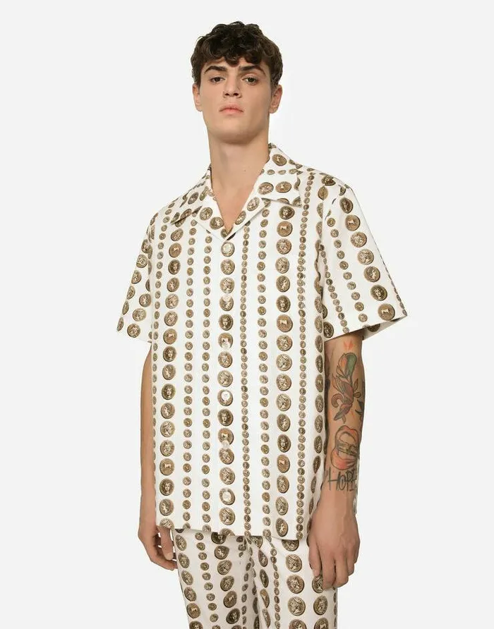 Dolce and Gabbana Shirts Men Coin Print Stretch Drill Hawaiian Shirt White Dolce and Gabbana Shirts Men Coin Print Stretch Drill Hawaiian Shirt White