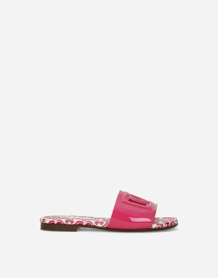 Dolce and Gabbana Shoes 2438 Children Patent Leather Slides With DG Logo Pink