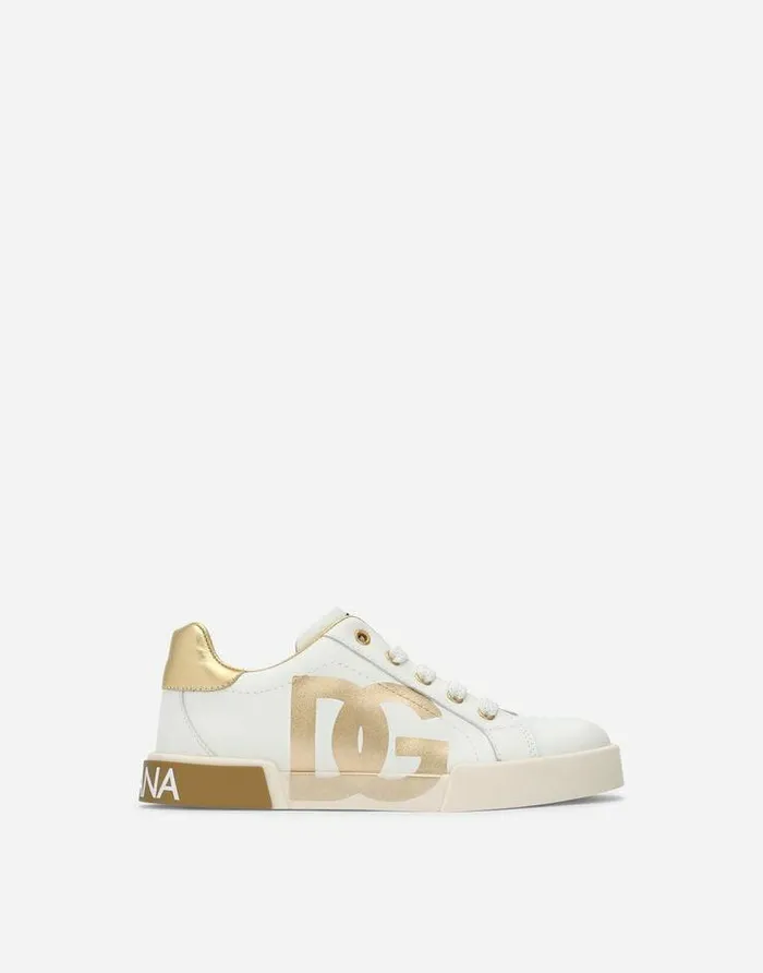 Dolce and Gabbana Shoes 2438 Children Portofino Light Sneakers With DG Logo Print White