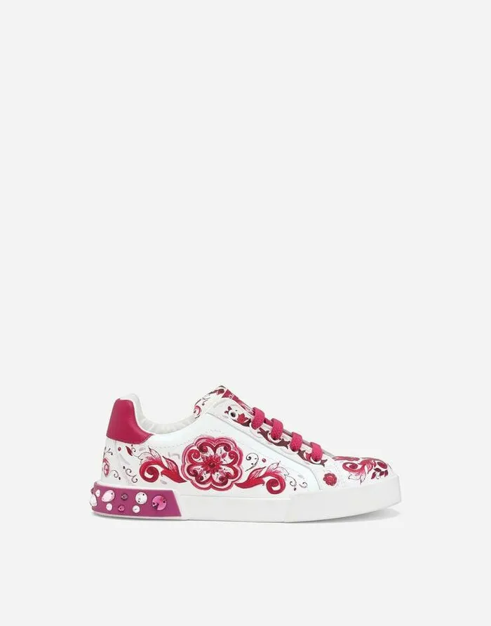 Dolce and Gabbana Shoes 2438 Children Printed Calfskin Portofino Sneakers Multicolor