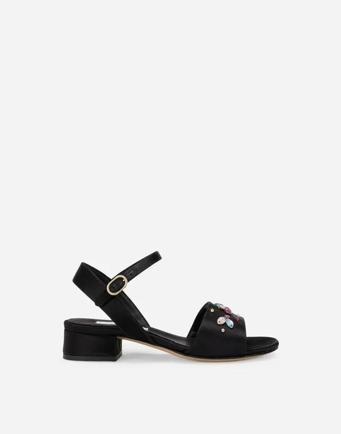 Dolce and Gabbana Shoes 2438 Children Satin Sandals With Multicolored Crystals Black