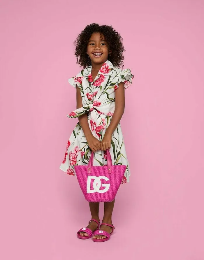 Dolce and Gabbana Shoes 2438 Children Straw And Nappa Leather Sandals With DG Logo Fuchsia