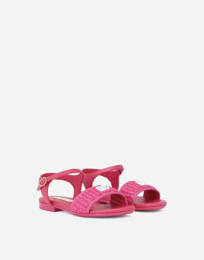 Dolce and Gabbana Shoes 2438 Children Straw And Nappa Leather Sandals With DG Logo Fuchsia