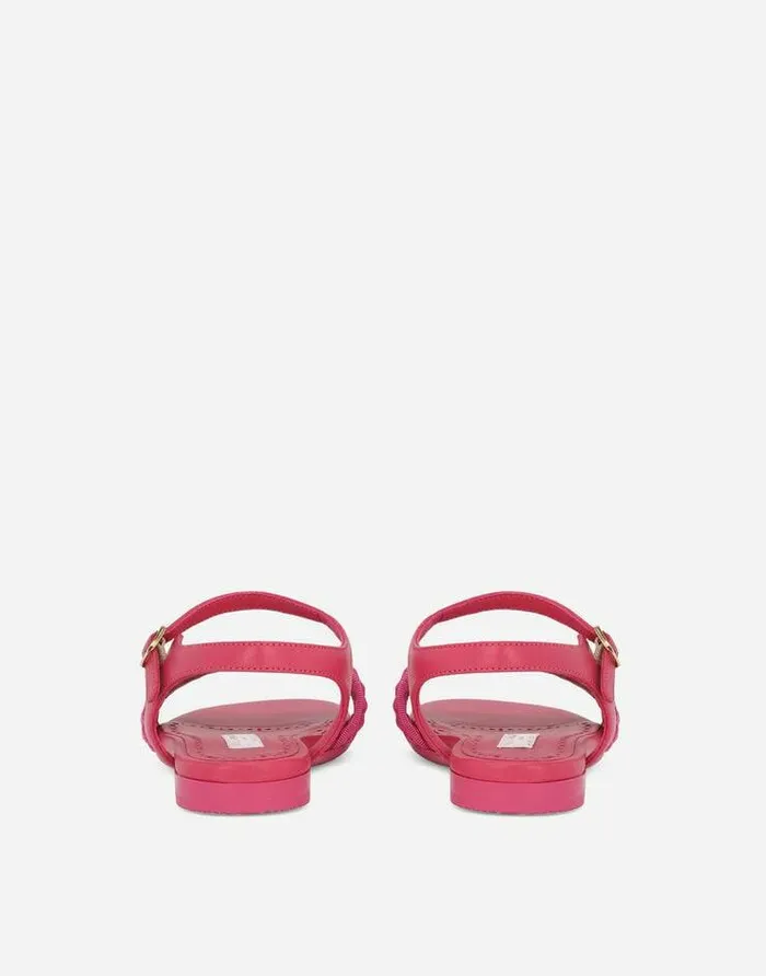 Dolce and Gabbana Shoes 2438 Children Straw And Nappa Leather Sandals With DG Logo Fuchsia