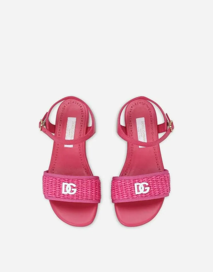 Dolce and Gabbana Shoes 2438 Children Straw And Nappa Leather Sandals With DG Logo Fuchsia