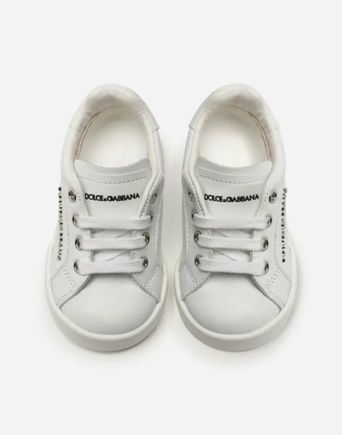 Dolce and Gabbana Shoes For First Steps 1926 Children Portofino Light Sneakers In Calfskin With Logo Lettering White