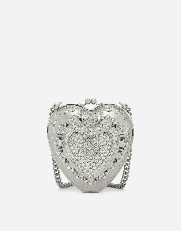 Dolce and Gabbana Shoulder And Crossbody Bags Women Metal Devotion Heart Bag With Crystal Embellishment Silver Dolce and Gabbana Shoulder And Crossbody Bags Women Metal Devotion Heart Bag With Crystal Embellishment Silver