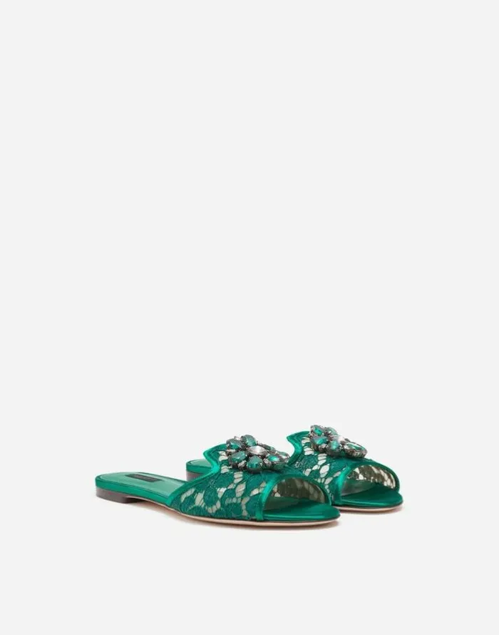 Dolce and Gabbana Slides And Mules Women Lace Rainbow Slides With Brooch Detailing Green Dolce and Gabbana Slides And Mules Women Lace Rainbow Slides With Brooch Detailing Green