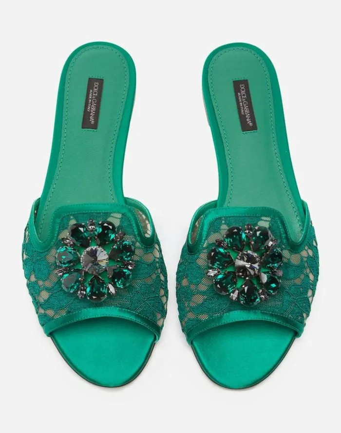 Dolce and Gabbana Slides And Mules Women Lace Rainbow Slides With Brooch Detailing Green Dolce and Gabbana Slides And Mules Women Lace Rainbow Slides With Brooch Detailing Green