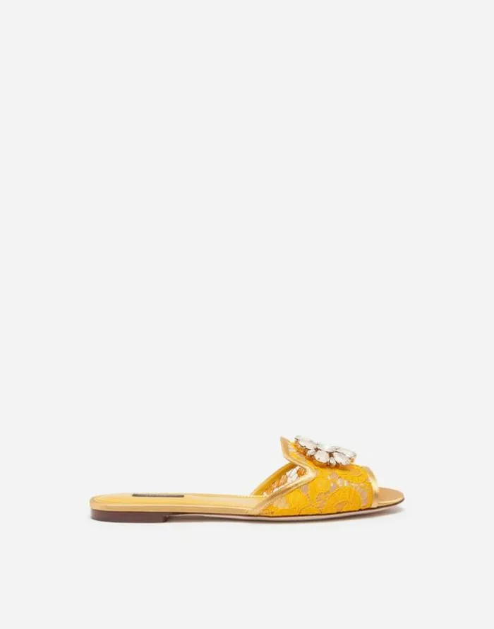 Dolce and Gabbana Slides And Mules Women Lace Rainbow Slides With Brooch Detailing Mustard Dolce and Gabbana Slides And Mules Women Lace Rainbow Slides With Brooch Detailing Mustard
