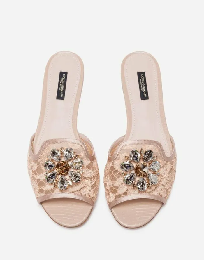 Dolce and Gabbana Slides And Mules Women Lace Rainbow Slides With Brooch Detailing Pink Dolce and Gabbana Slides And Mules Women Lace Rainbow Slides With Brooch Detailing Pink
