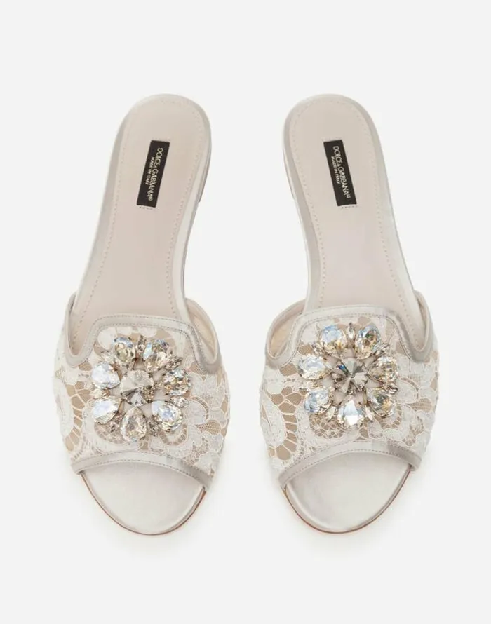 Dolce and Gabbana Slides And Mules Women Slippers In Lace With Crystals Ice Dolce and Gabbana Slides And Mules Women Slippers In Lace With Crystals Ice
