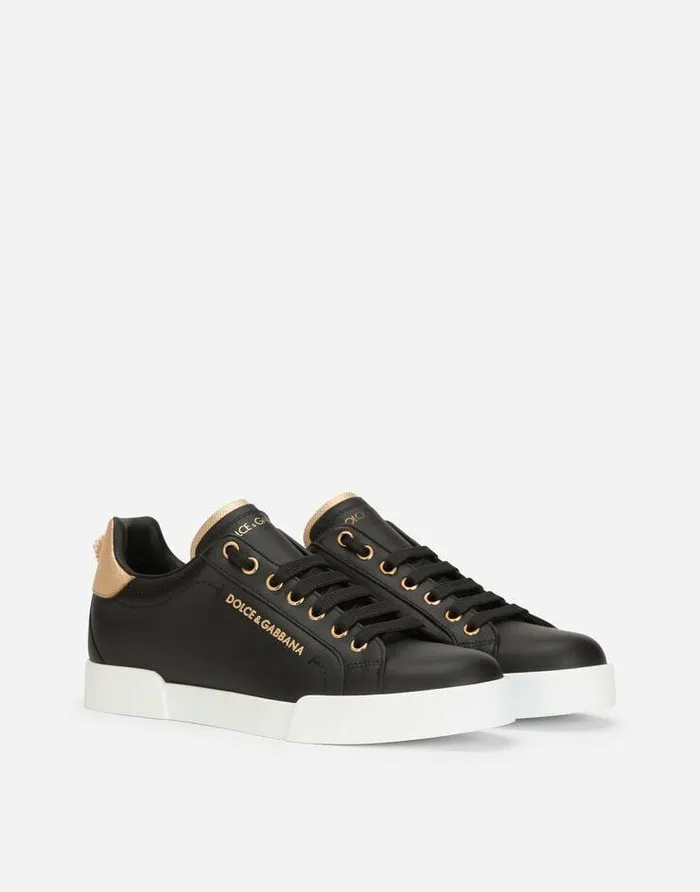 Dolce and Gabbana Sneakers Women Calfskin Nappa Portofino Sneakers With Lettering Blackgold Dolce and Gabbana Sneakers Women Calfskin Nappa Portofino Sneakers With Lettering Blackgold