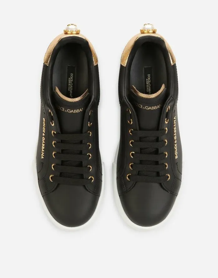 Dolce and Gabbana Sneakers Women Calfskin Nappa Portofino Sneakers With Lettering Blackgold Dolce and Gabbana Sneakers Women Calfskin Nappa Portofino Sneakers With Lettering Blackgold