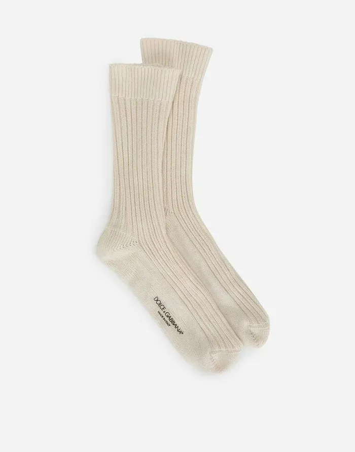 Dolce and Gabbana Socks Men Ribbed Cotton And Wool Socks Grey