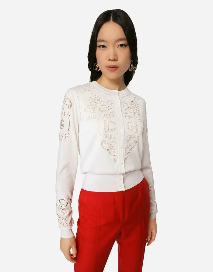 Dolce and Gabbana Sweaters And Cardigans Women Silk Cardigan With DG Openwork Embroidery White Dolce and Gabbana Sweaters And Cardigans Women Silk Cardigan With DG Openwork Embroidery White