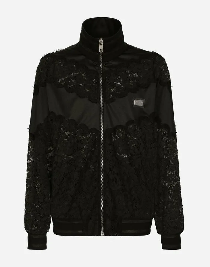 Dolce and Gabbana Sweatshirts Men Cordonetto Lace And Technical Jersey Sweatshirt Black