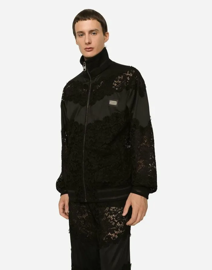 Dolce and Gabbana Sweatshirts Men Cordonetto Lace And Technical Jersey Sweatshirt Black