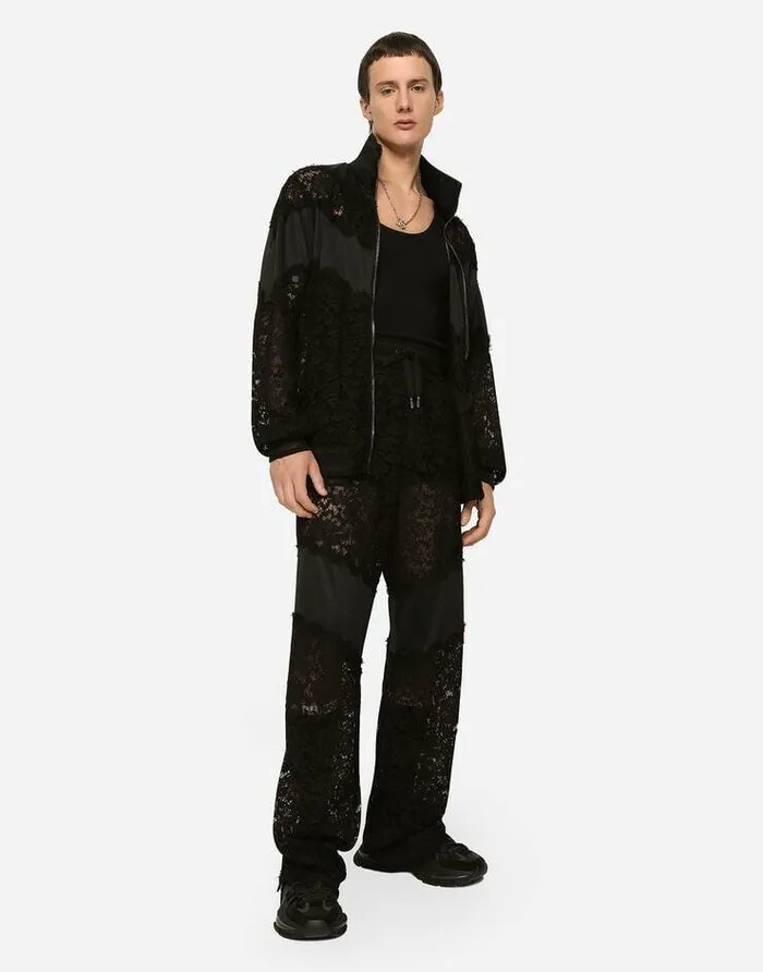 Dolce and Gabbana Sweatshirts Men Cordonetto Lace And Technical Jersey Sweatshirt Black