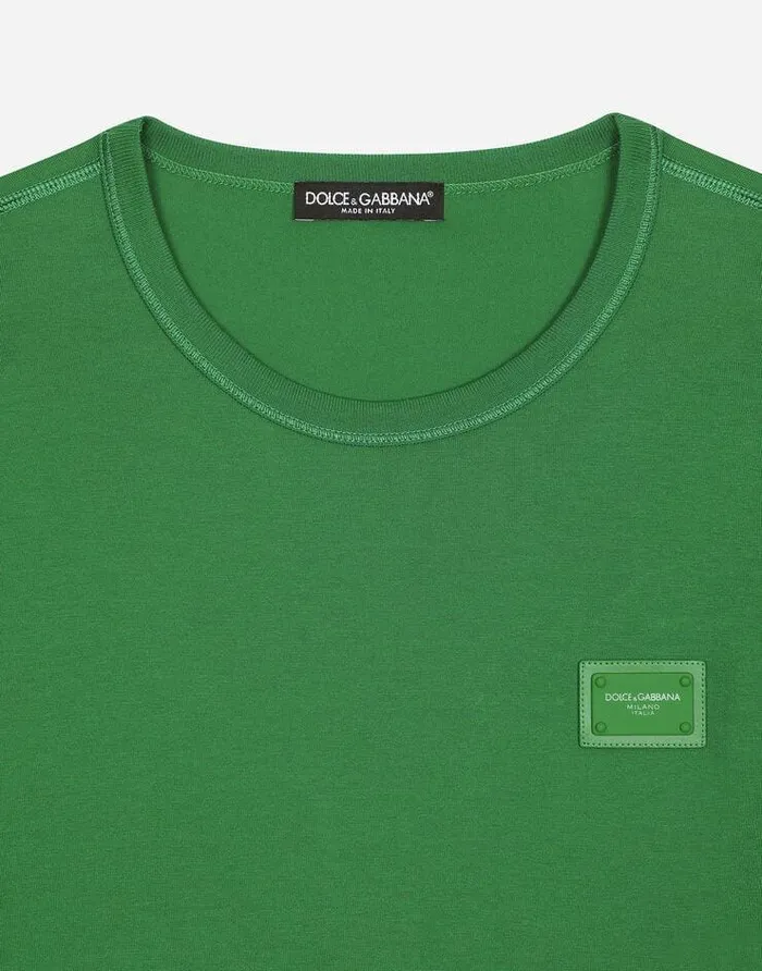 Dolce and Gabbana TShirts And Polos Men Cotton Tshirt With Logoed Plaque Green