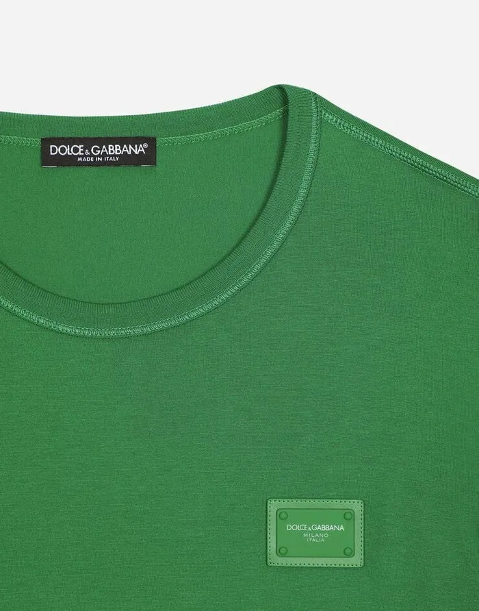 Dolce and Gabbana TShirts And Polos Men Cotton Tshirt With Logoed Plaque Green