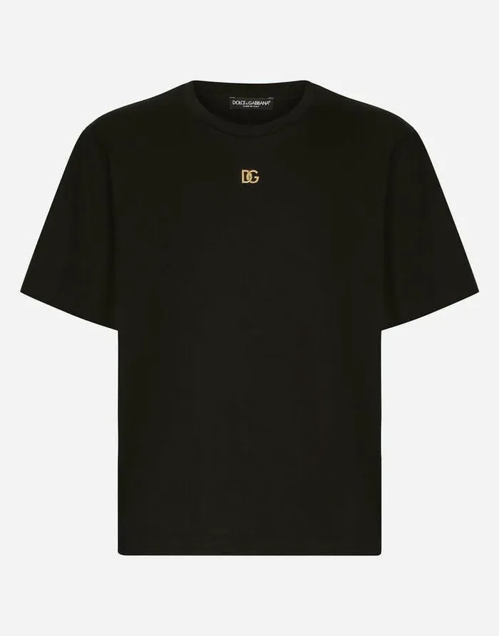 Dolce and Gabbana TShirts And Polos Men Cotton Tshirt With Metallic DG Logo Black