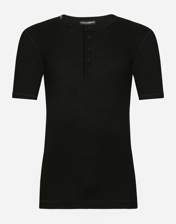 Dolce and Gabbana TShirts And Polos Men Finerib Cotton Granddadneck Tshirt Black